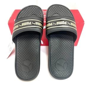 PUMA 👣Cool Cat Stripe Repat BX Slides in Puma Black, Team Gold💦